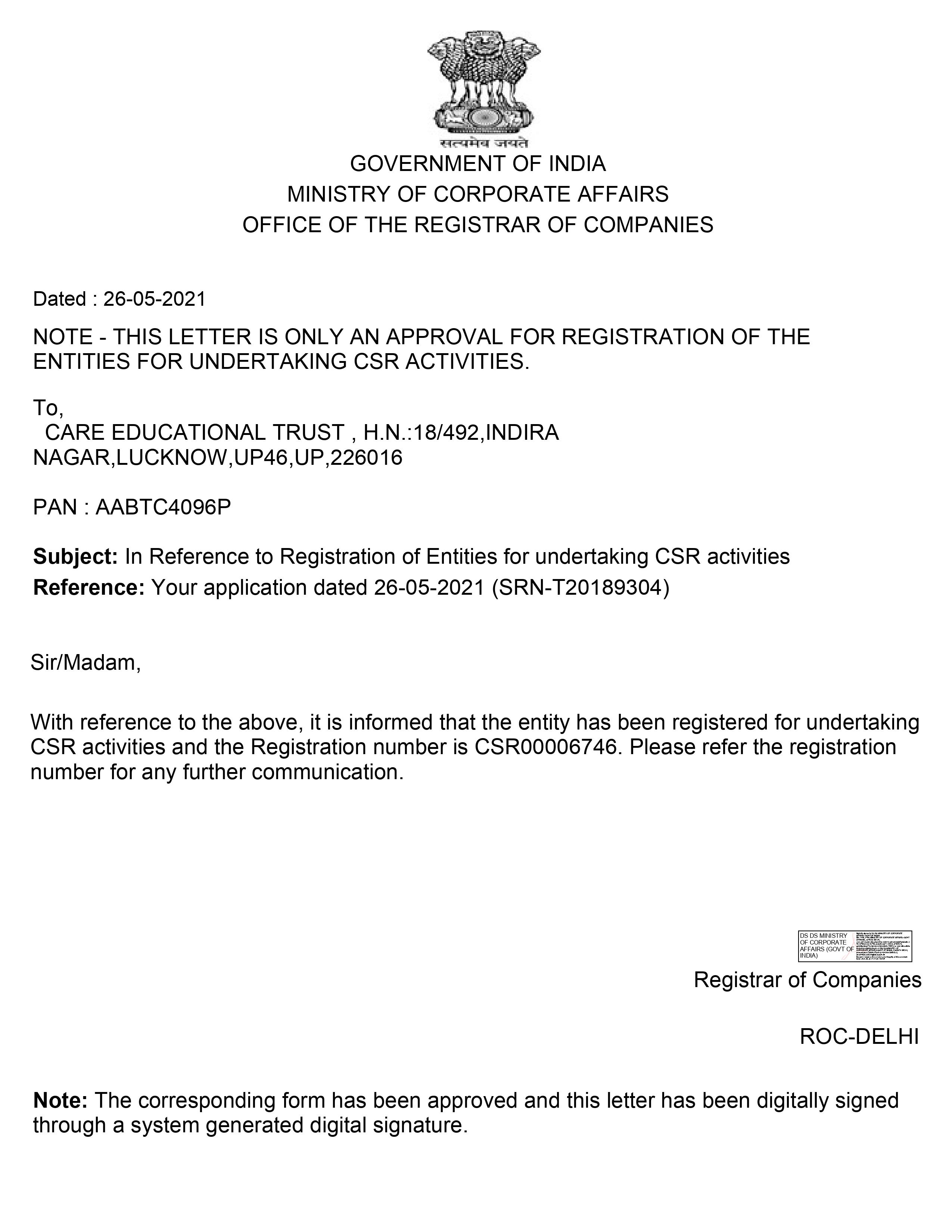 Approval Letter for form CSR1
